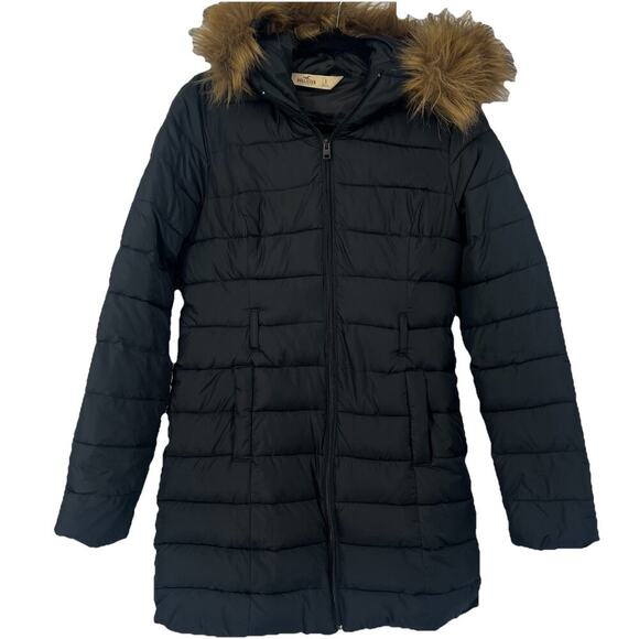 Hollister Long Black Hooded Puffer Coat Faux Fur Trim Winter Jacket Size Women S - Picture 1 of 9